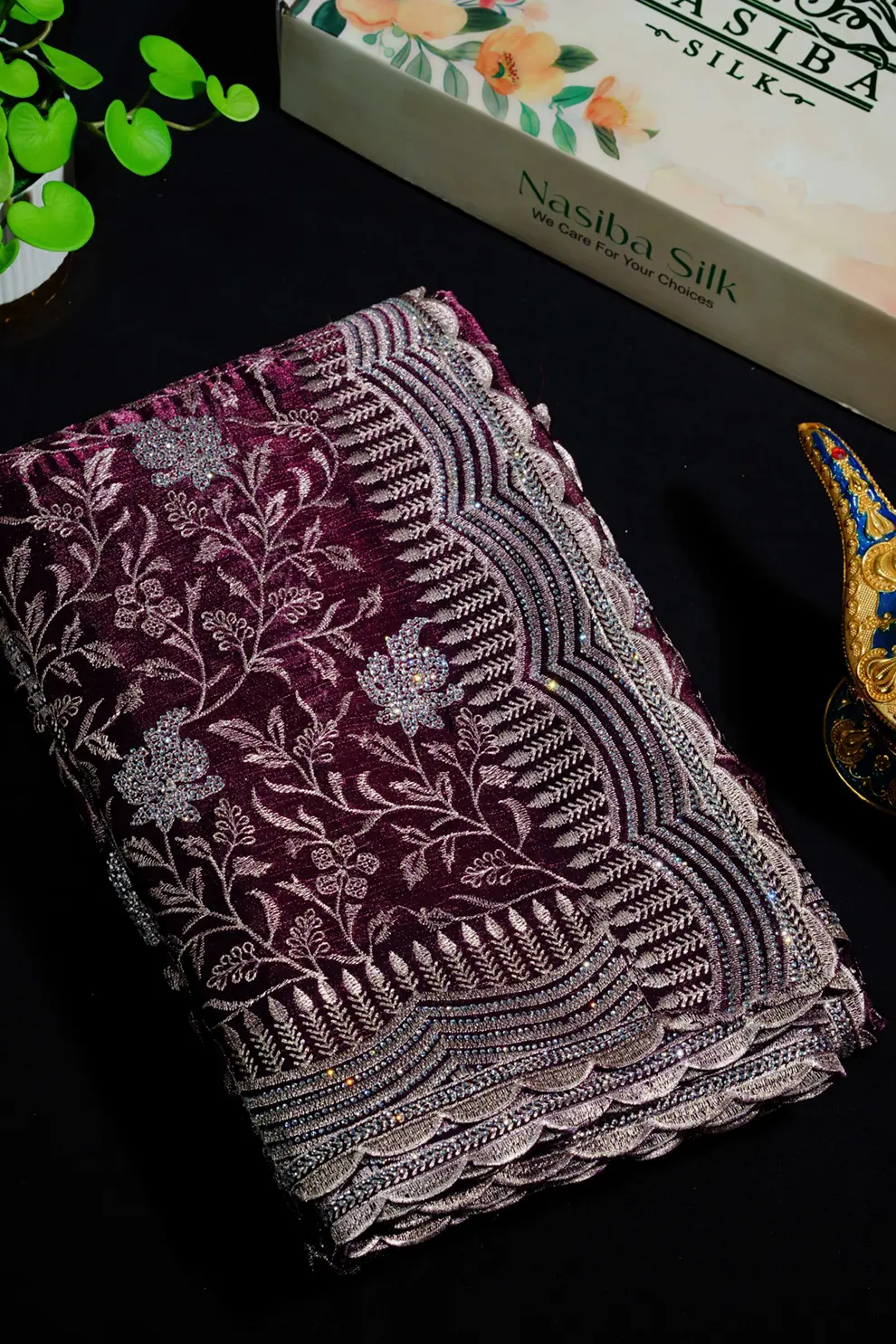 Deep Wine Silver Grace – Premium High Grade Stone Saree ✨